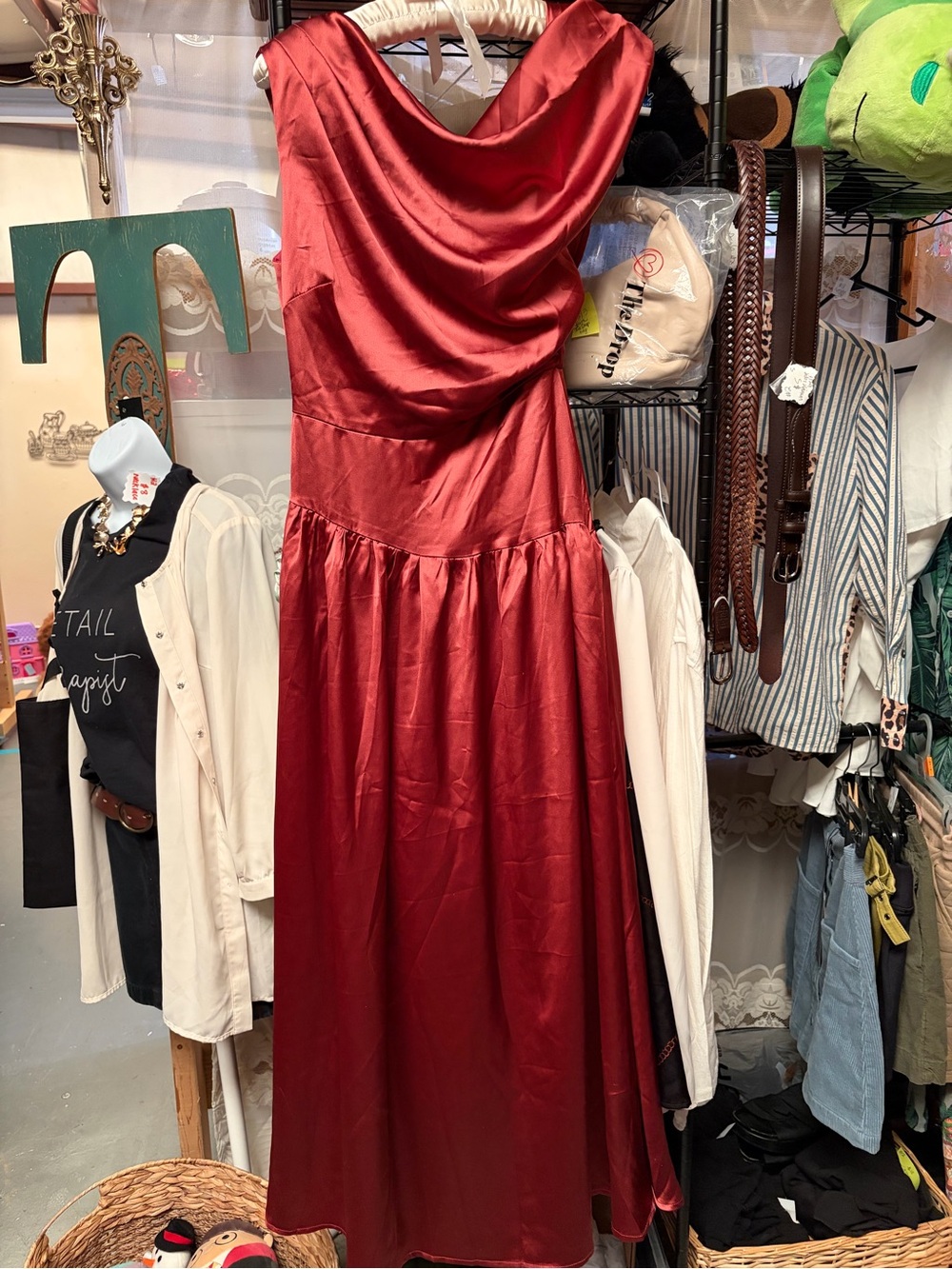 Petal & Pup Burgundy Satin One-Shoulder Cowl Maxi Dress - Picture 1 of 5